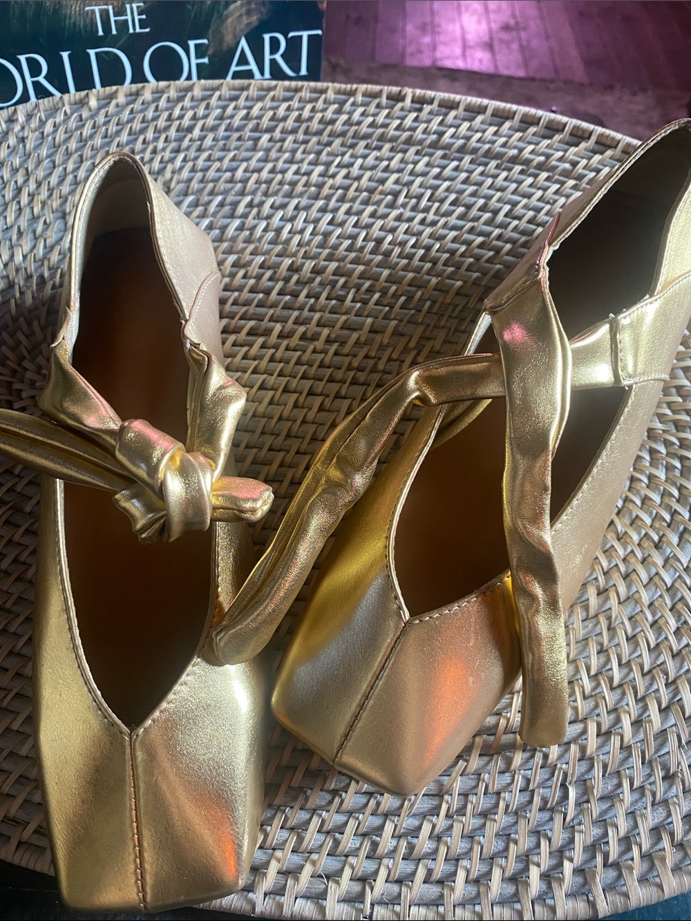 Gold Ballet Flats Square Toe Metallic Knotted Detail Flat Shoes